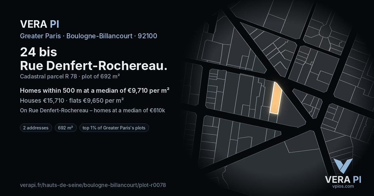24 bis Rue Denfert-Rochereau, Boulogne-Billancourt at night – the plot lit, the parcels around coloured by the prices near them