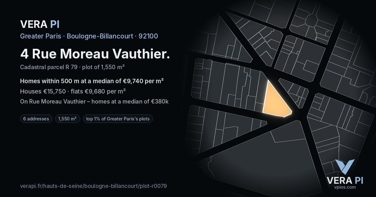 4 Rue Moreau Vauthier, Boulogne-Billancourt at night – the plot lit, the parcels around coloured by the prices near them