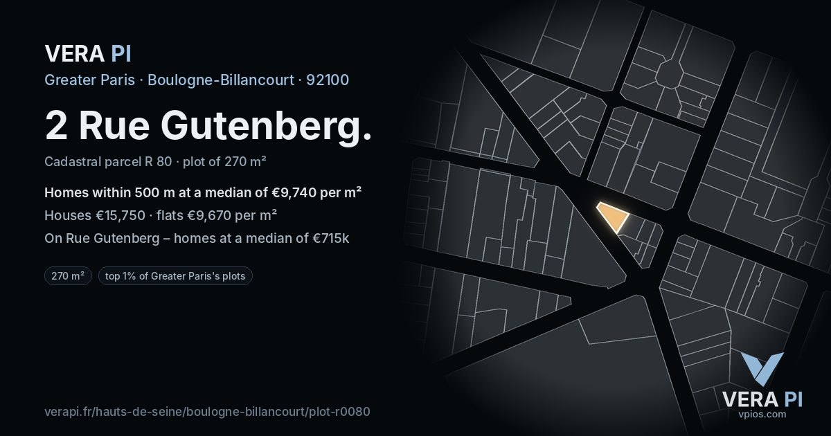 2 Rue Gutenberg, Boulogne-Billancourt at night – the plot lit, the parcels around coloured by the prices near them
