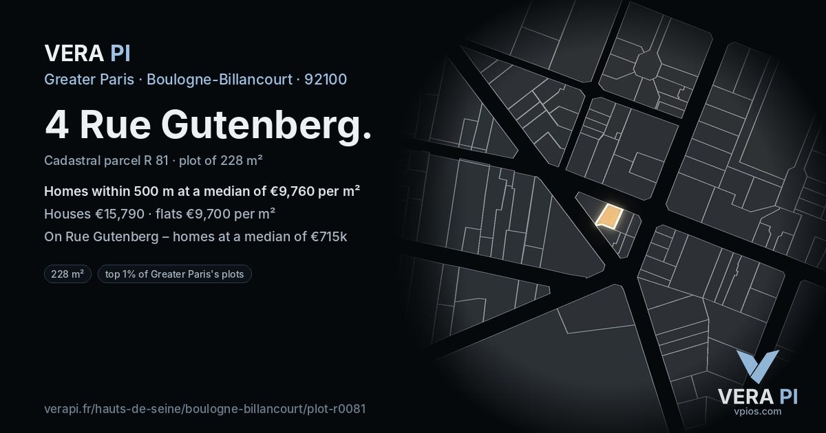 4 Rue Gutenberg, Boulogne-Billancourt at night – the plot lit, the parcels around coloured by the prices near them