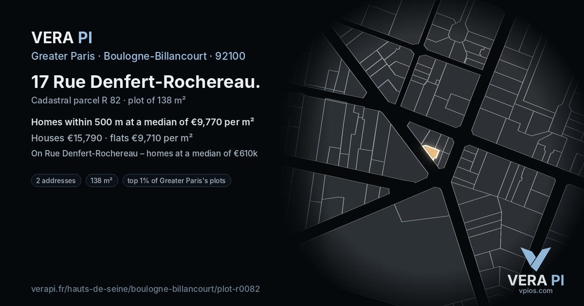 17 Rue Denfert-Rochereau, Boulogne-Billancourt at night – the plot lit, the parcels around coloured by the prices near them