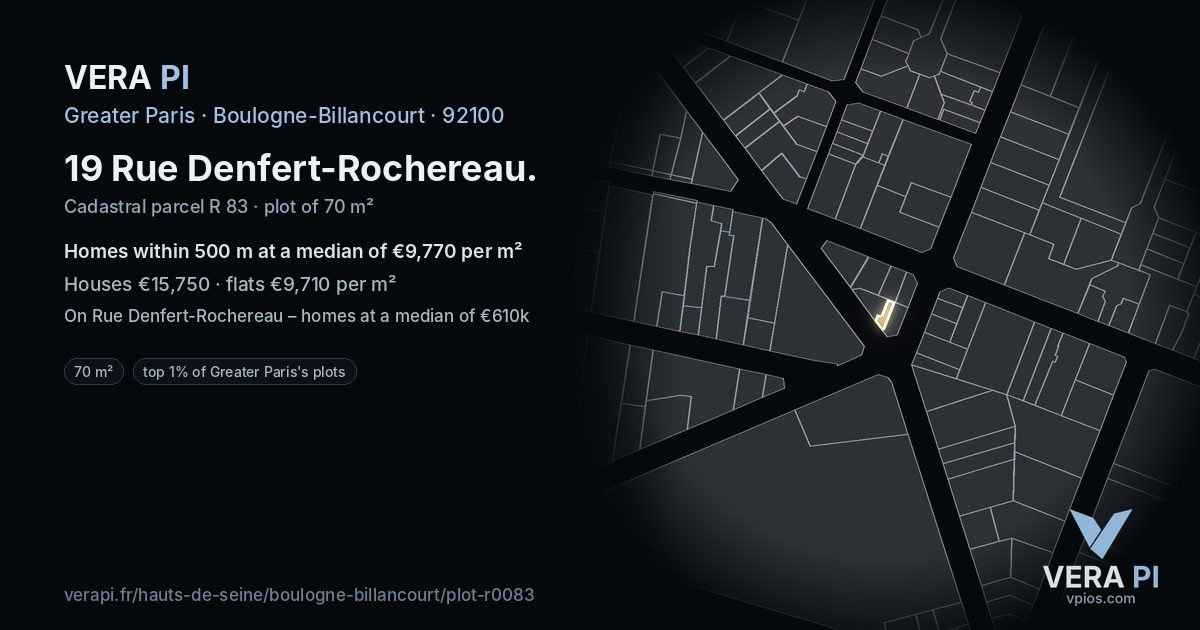 19 Rue Denfert-Rochereau, Boulogne-Billancourt at night – the plot lit, the parcels around coloured by the prices near them