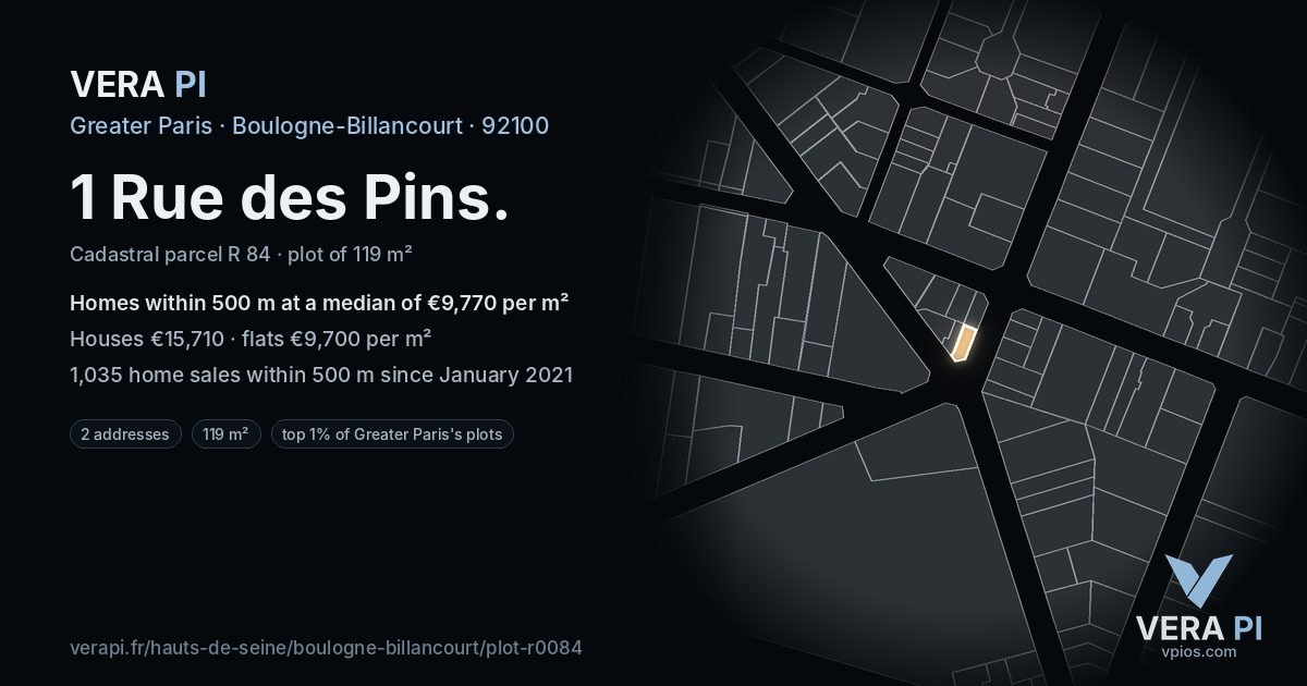 1 Rue des Pins, Boulogne-Billancourt at night – the plot lit, the parcels around coloured by the prices near them