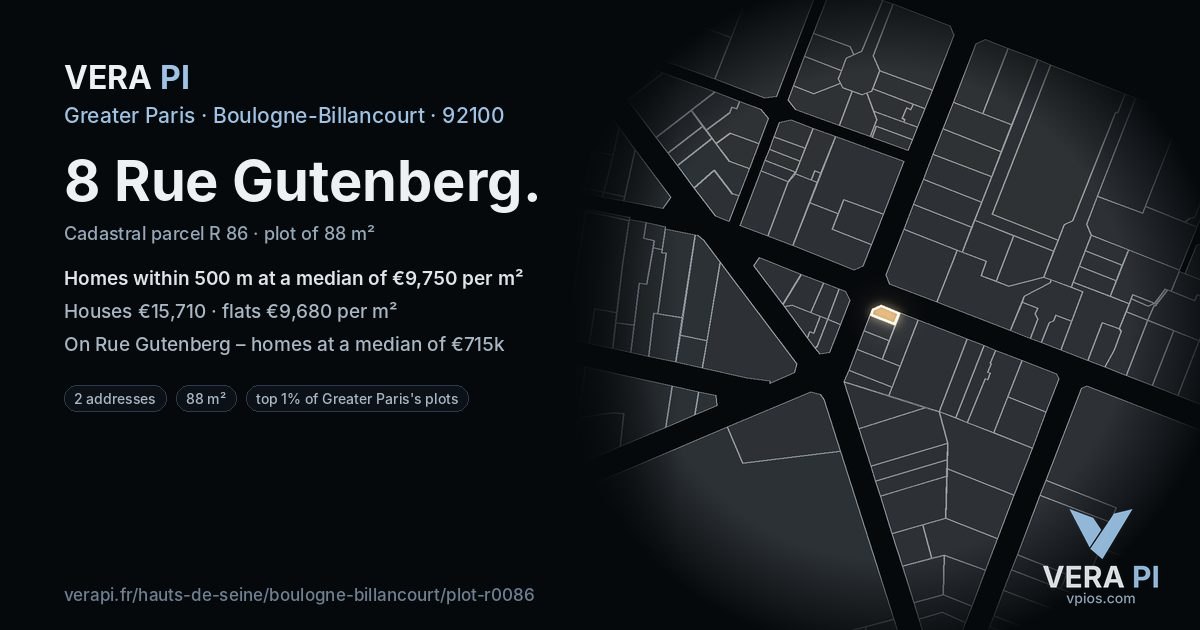 8 Rue Gutenberg, Boulogne-Billancourt at night – the plot lit, the parcels around coloured by the prices near them