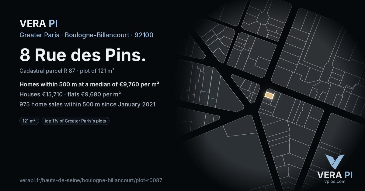 8 Rue des Pins, Boulogne-Billancourt at night – the plot lit, the parcels around coloured by the prices near them