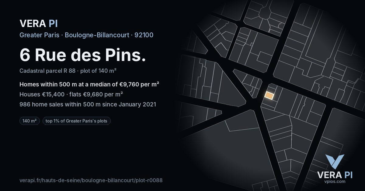 6 Rue des Pins, Boulogne-Billancourt at night – the plot lit, the parcels around coloured by the prices near them