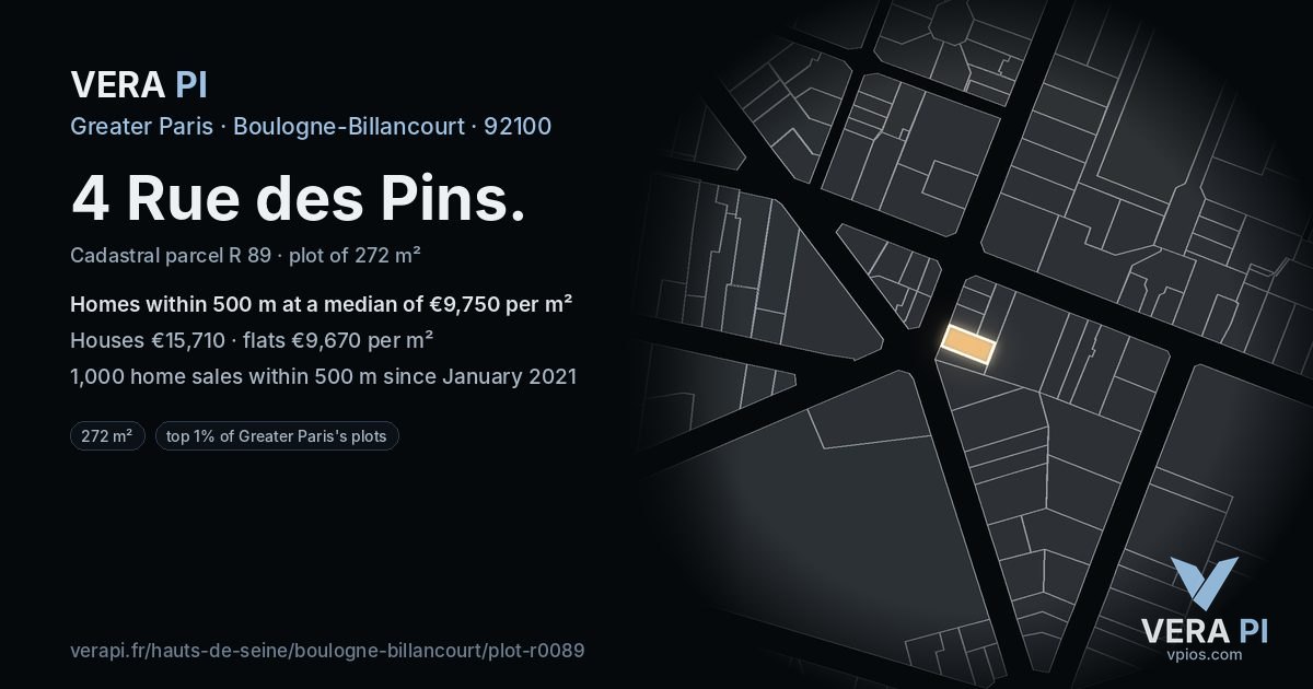 4 Rue des Pins, Boulogne-Billancourt at night – the plot lit, the parcels around coloured by the prices near them