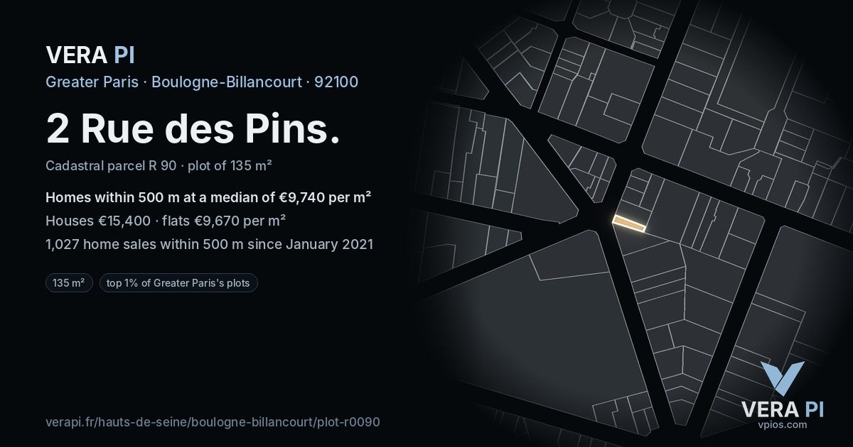 2 Rue des Pins, Boulogne-Billancourt at night – the plot lit, the parcels around coloured by the prices near them