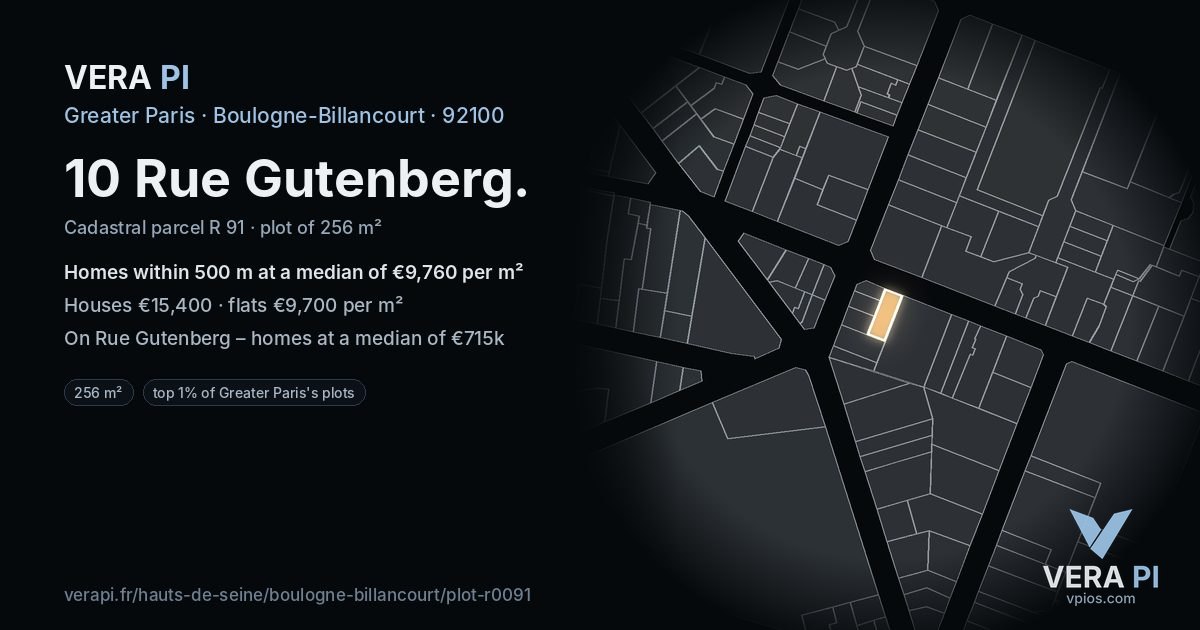 10 Rue Gutenberg, Boulogne-Billancourt at night – the plot lit, the parcels around coloured by the prices near them