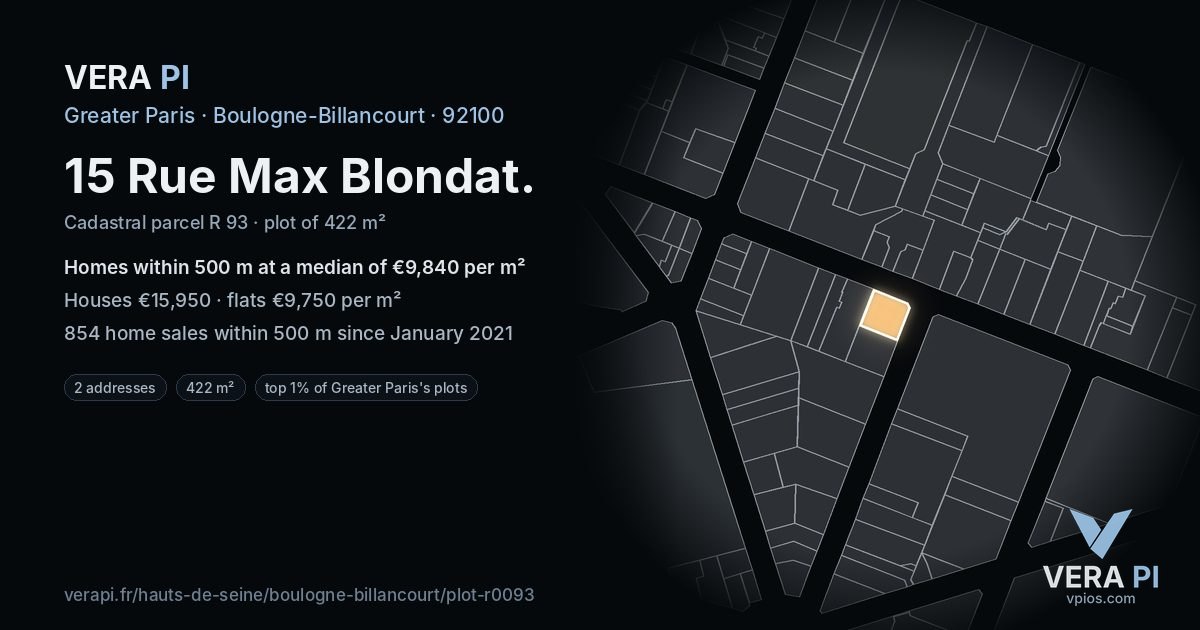15 Rue Max Blondat, Boulogne-Billancourt at night – the plot lit, the parcels around coloured by the prices near them