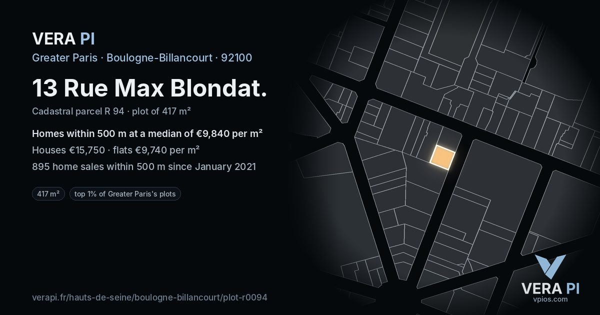 13 Rue Max Blondat, Boulogne-Billancourt at night – the plot lit, the parcels around coloured by the prices near them