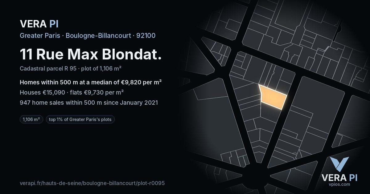11 Rue Max Blondat, Boulogne-Billancourt at night – the plot lit, the parcels around coloured by the prices near them