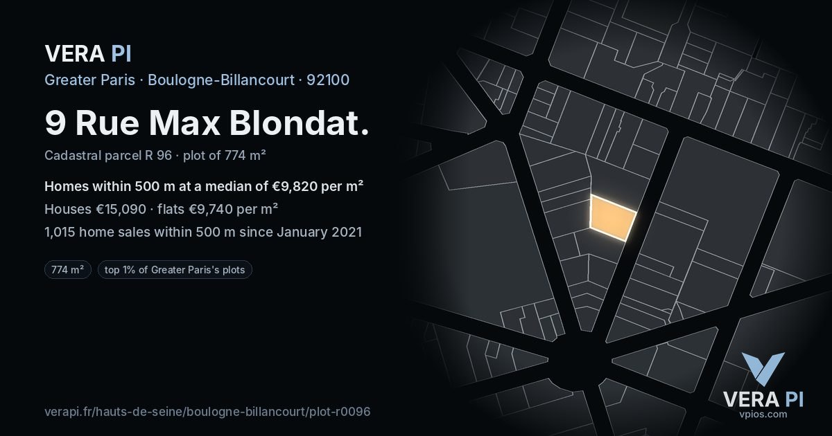 9 Rue Max Blondat, Boulogne-Billancourt at night – the plot lit, the parcels around coloured by the prices near them