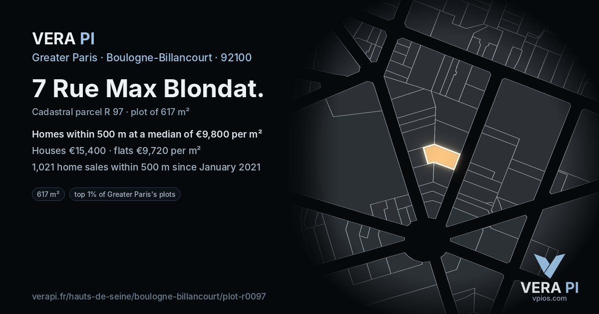 7 Rue Max Blondat, Boulogne-Billancourt at night – the plot lit, the parcels around coloured by the prices near them