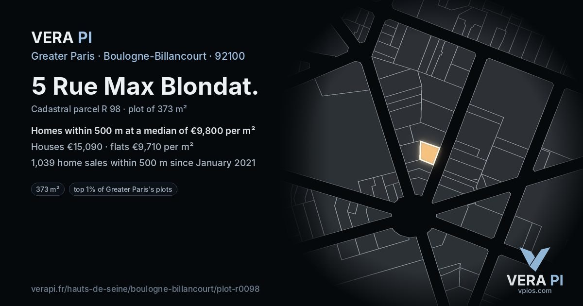 5 Rue Max Blondat, Boulogne-Billancourt at night – the plot lit, the parcels around coloured by the prices near them