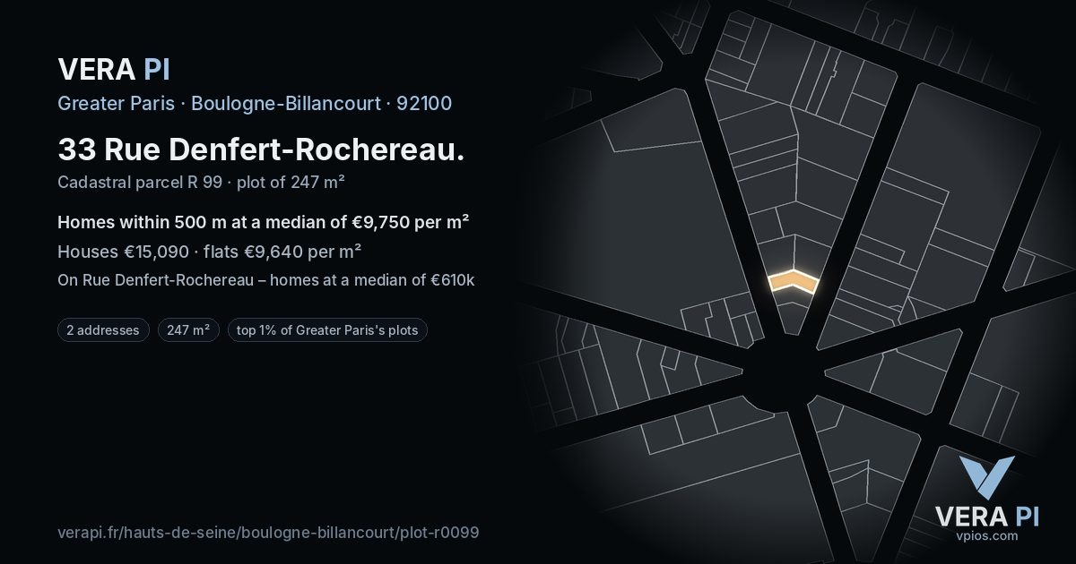33 Rue Denfert-Rochereau, Boulogne-Billancourt at night – the plot lit, the parcels around coloured by the prices near them