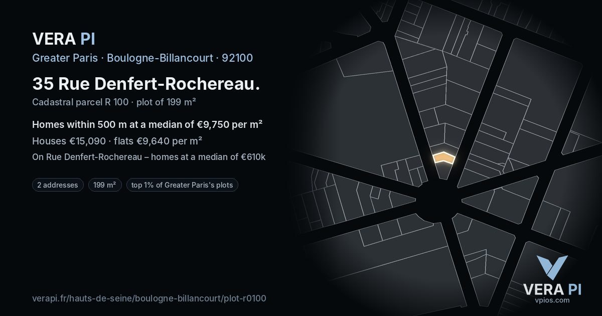 35 Rue Denfert-Rochereau, Boulogne-Billancourt at night – the plot lit, the parcels around coloured by the prices near them