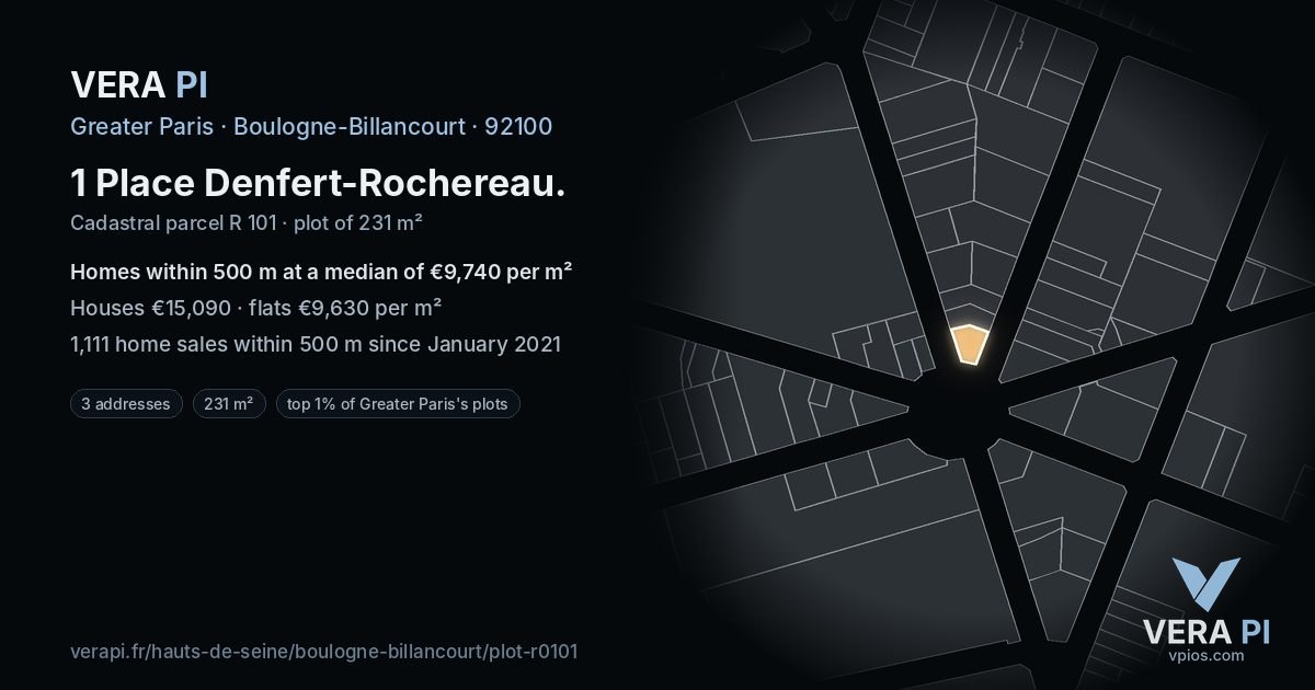 1 Place Denfert-Rochereau, Boulogne-Billancourt at night – the plot lit, the parcels around coloured by the prices near them