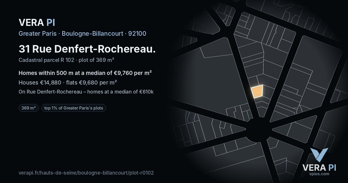 31 Rue Denfert-Rochereau, Boulogne-Billancourt at night – the plot lit, the parcels around coloured by the prices near them
