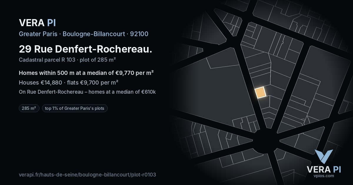29 Rue Denfert-Rochereau, Boulogne-Billancourt at night – the plot lit, the parcels around coloured by the prices near them