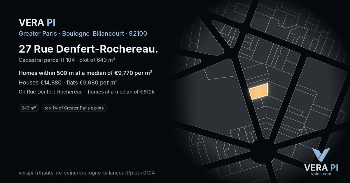 27 Rue Denfert-Rochereau, Boulogne-Billancourt at night – the plot lit, the parcels around coloured by the prices near them