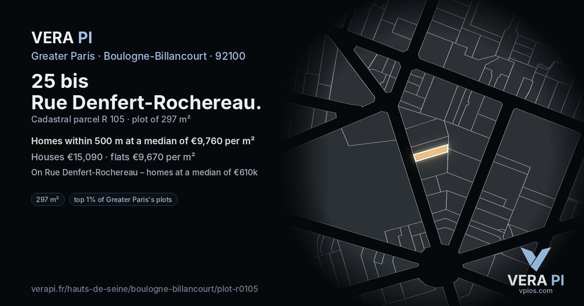 25 bis Rue Denfert-Rochereau, Boulogne-Billancourt at night – the plot lit, the parcels around coloured by the prices near them