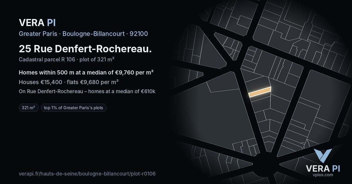 25 Rue Denfert-Rochereau, Boulogne-Billancourt at night – the plot lit, the parcels around coloured by the prices near them