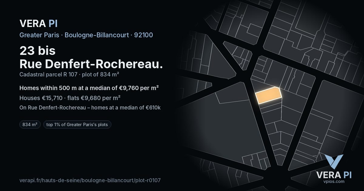 23 bis Rue Denfert-Rochereau, Boulogne-Billancourt at night – the plot lit, the parcels around coloured by the prices near them