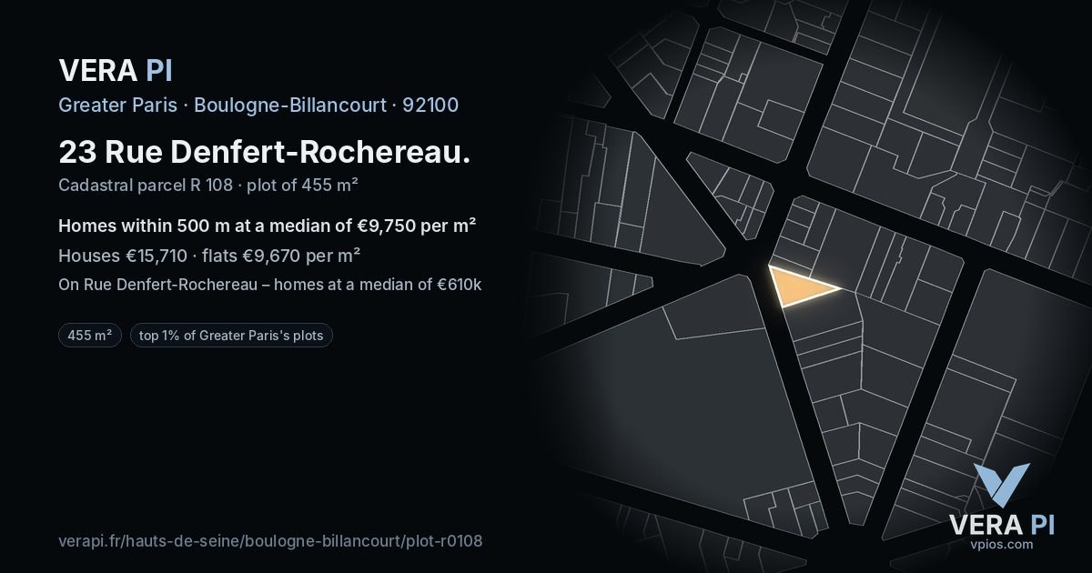 23 Rue Denfert-Rochereau, Boulogne-Billancourt at night – the plot lit, the parcels around coloured by the prices near them