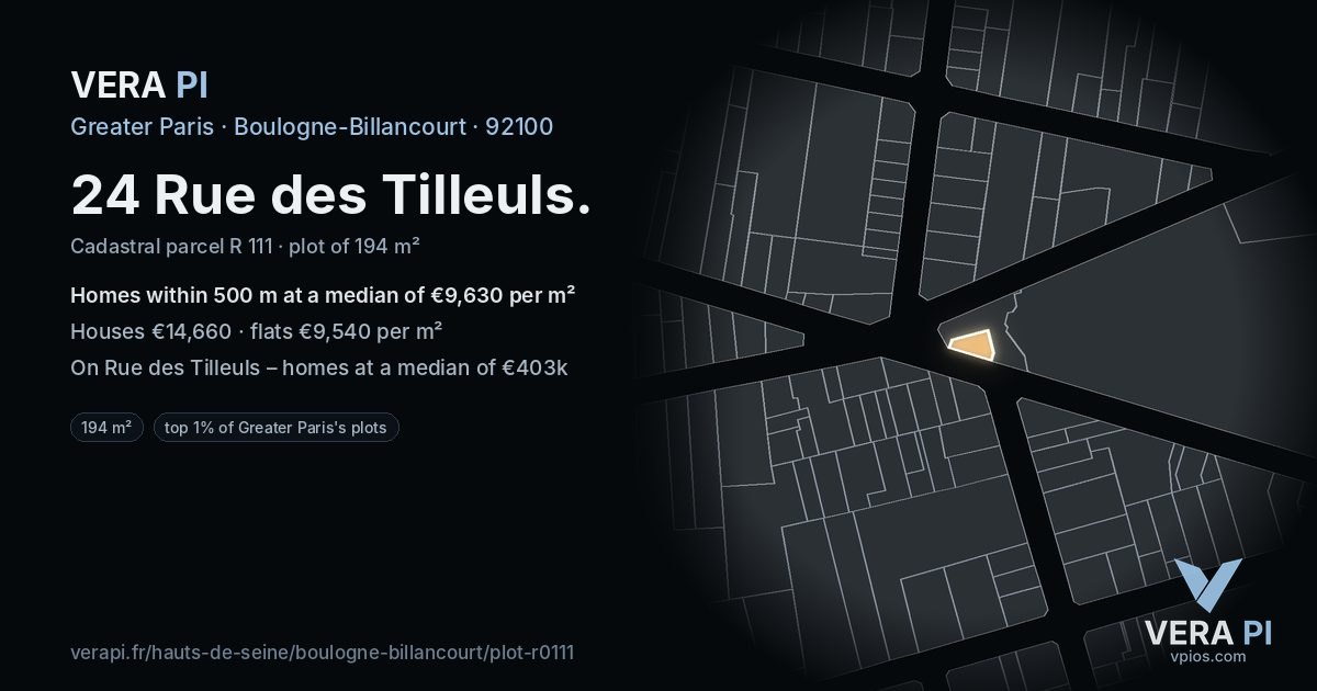 24 Rue des Tilleuls, Boulogne-Billancourt at night – the plot lit, the parcels around coloured by the prices near them
