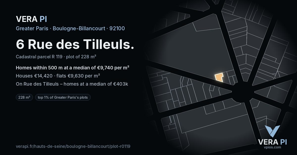 6 Rue des Tilleuls, Boulogne-Billancourt at night – the plot lit, the parcels around coloured by the prices near them