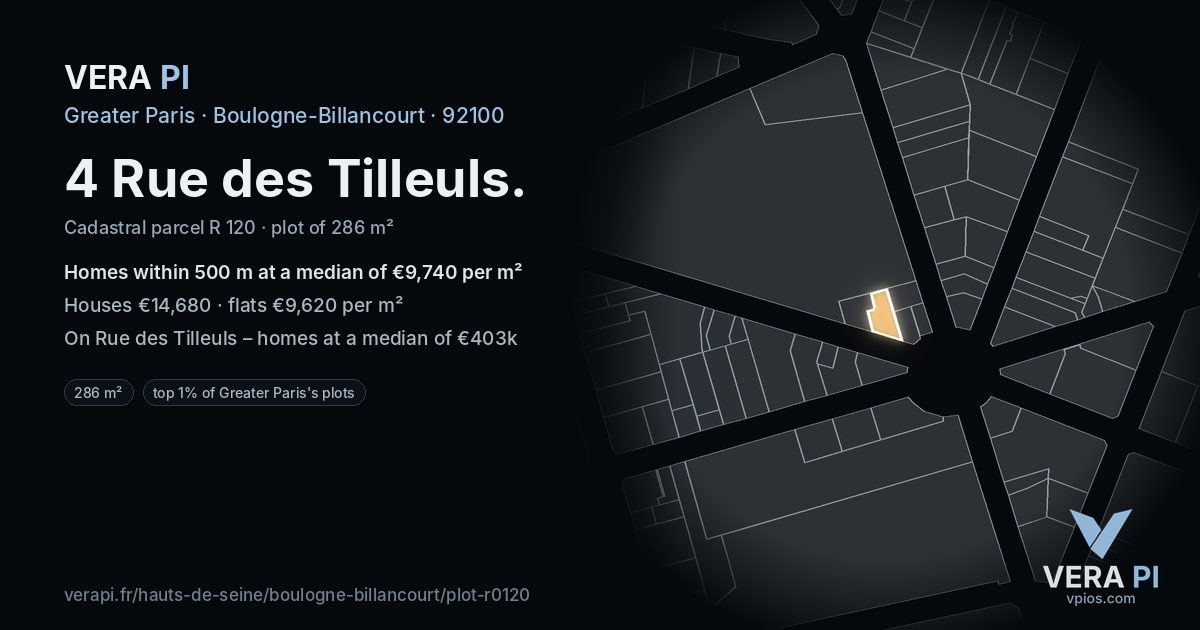 4 Rue des Tilleuls, Boulogne-Billancourt at night – the plot lit, the parcels around coloured by the prices near them