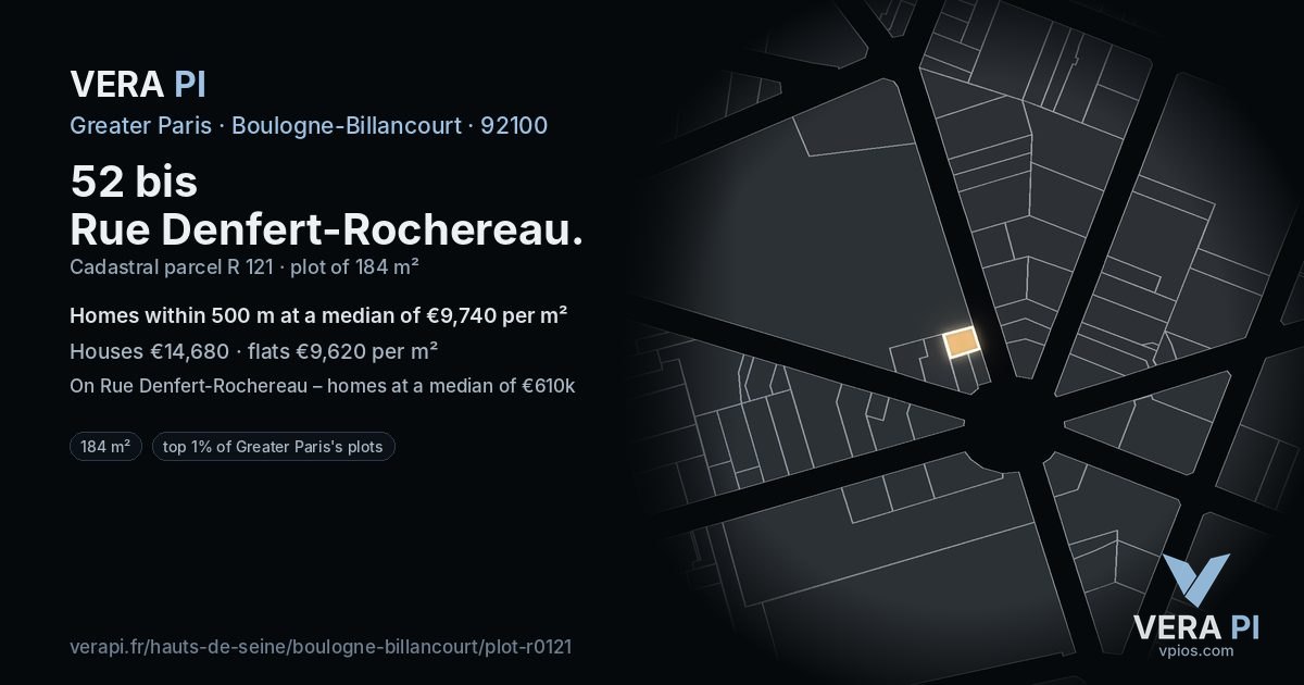 52 bis Rue Denfert-Rochereau, Boulogne-Billancourt at night – the plot lit, the parcels around coloured by the prices near them