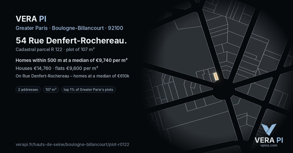 54 Rue Denfert-Rochereau, Boulogne-Billancourt at night – the plot lit, the parcels around coloured by the prices near them