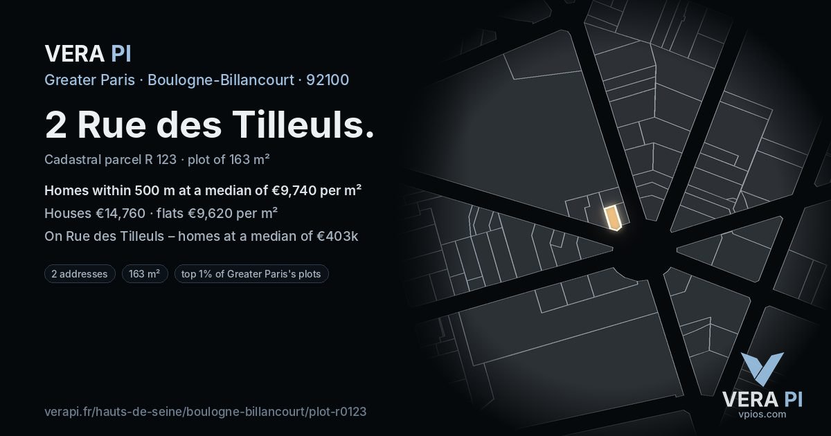 2 Rue des Tilleuls, Boulogne-Billancourt at night – the plot lit, the parcels around coloured by the prices near them