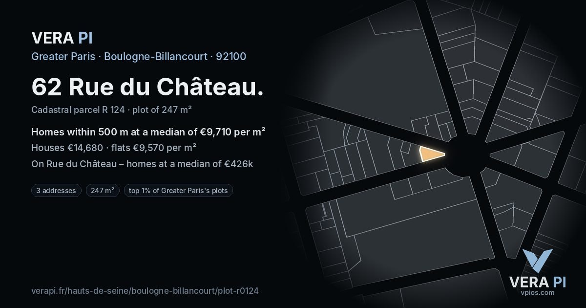62 Rue du Château, Boulogne-Billancourt at night – the plot lit, the parcels around coloured by the prices near them