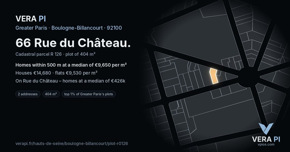 66 Rue du Château, Boulogne-Billancourt at night – the plot lit, the parcels around coloured by the prices near them