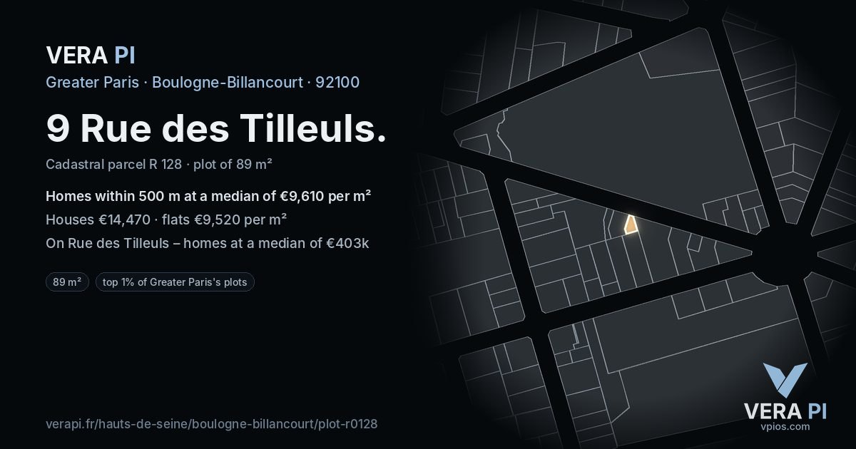 9 Rue des Tilleuls, Boulogne-Billancourt at night – the plot lit, the parcels around coloured by the prices near them