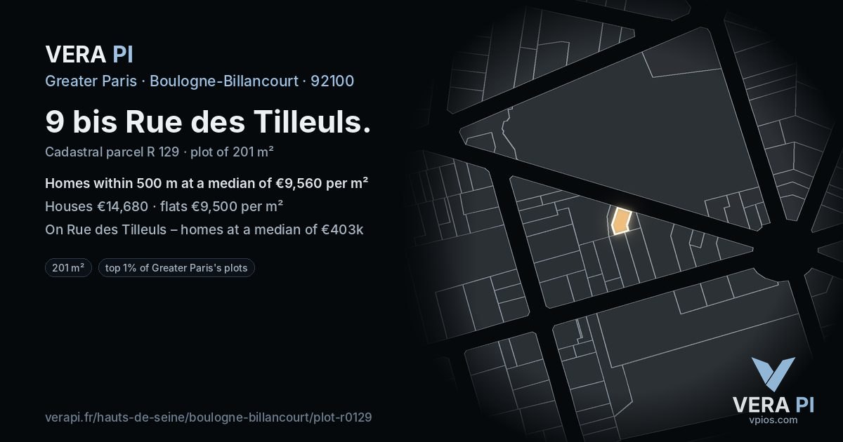 9 bis Rue des Tilleuls, Boulogne-Billancourt at night – the plot lit, the parcels around coloured by the prices near them