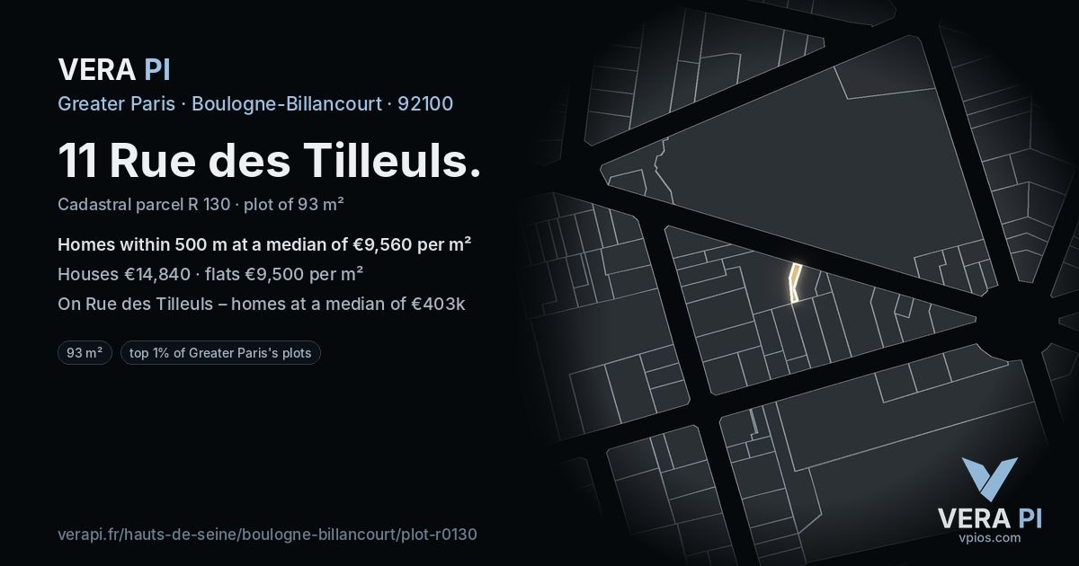11 Rue des Tilleuls, Boulogne-Billancourt at night – the plot lit, the parcels around coloured by the prices near them