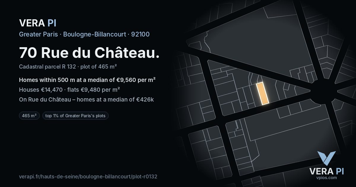 70 Rue du Château, Boulogne-Billancourt at night – the plot lit, the parcels around coloured by the prices near them