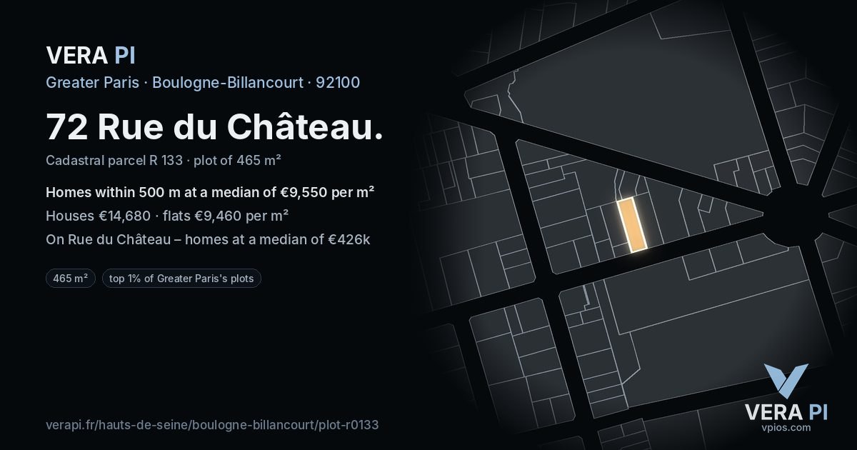 72 Rue du Château, Boulogne-Billancourt at night – the plot lit, the parcels around coloured by the prices near them