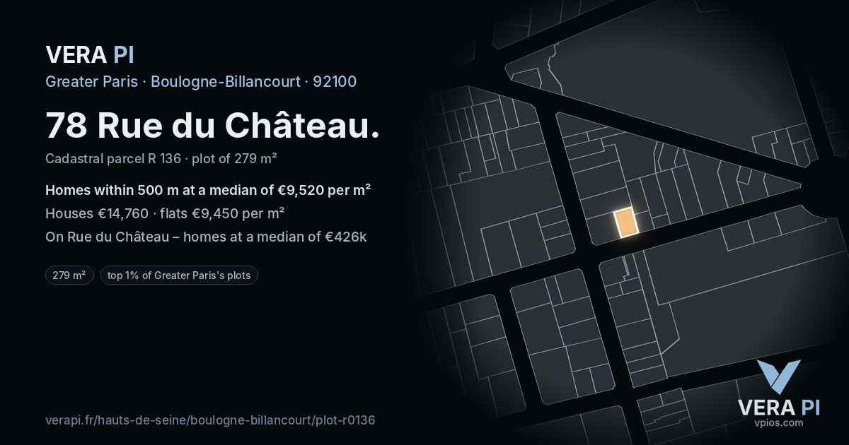 78 Rue du Château, Boulogne-Billancourt at night – the plot lit, the parcels around coloured by the prices near them