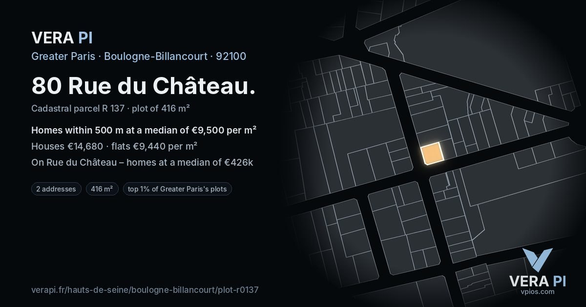 80 Rue du Château, Boulogne-Billancourt at night – the plot lit, the parcels around coloured by the prices near them