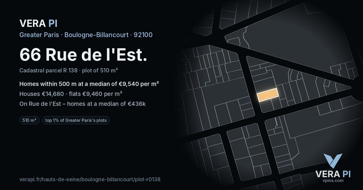 66 Rue de l'Est, Boulogne-Billancourt at night – the plot lit, the parcels around coloured by the prices near them