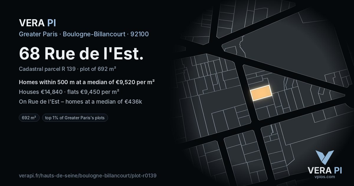 68 Rue de l'Est, Boulogne-Billancourt at night – the plot lit, the parcels around coloured by the prices near them
