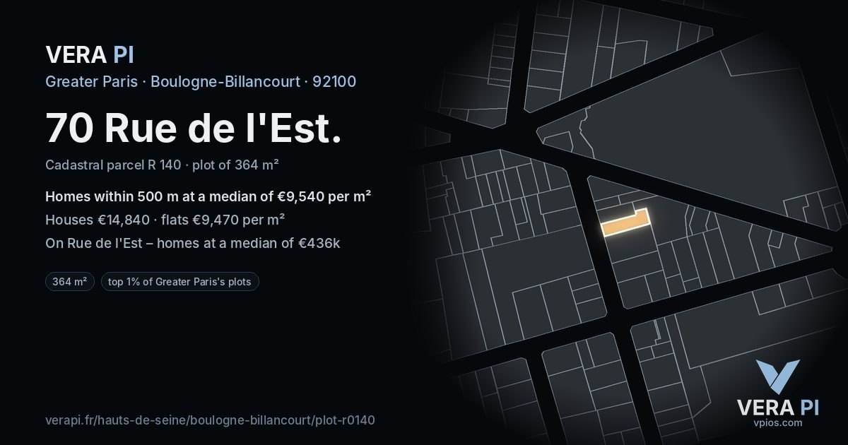 70 Rue de l'Est, Boulogne-Billancourt at night – the plot lit, the parcels around coloured by the prices near them