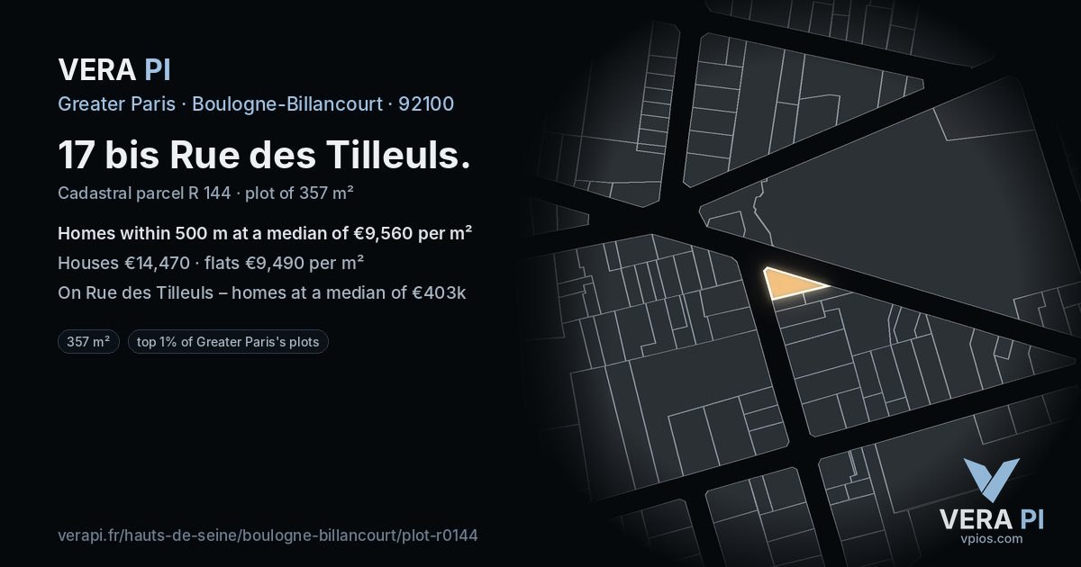 17 bis Rue des Tilleuls, Boulogne-Billancourt at night – the plot lit, the parcels around coloured by the prices near them