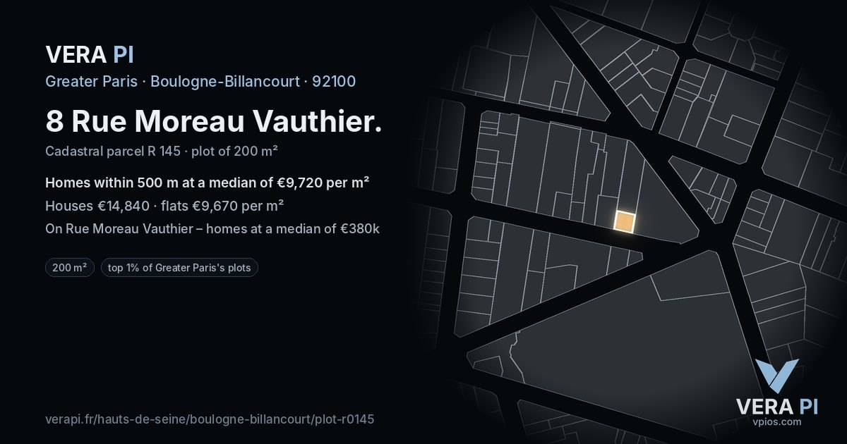 8 Rue Moreau Vauthier, Boulogne-Billancourt at night – the plot lit, the parcels around coloured by the prices near them