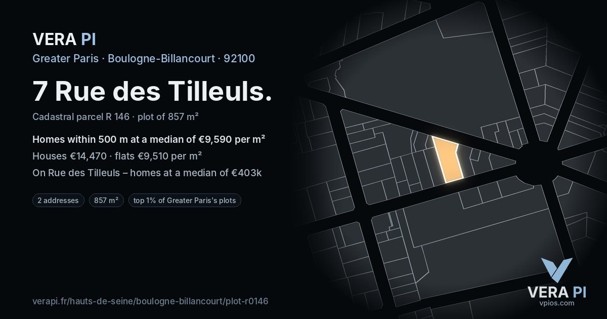 7 Rue des Tilleuls, Boulogne-Billancourt at night – the plot lit, the parcels around coloured by the prices near them